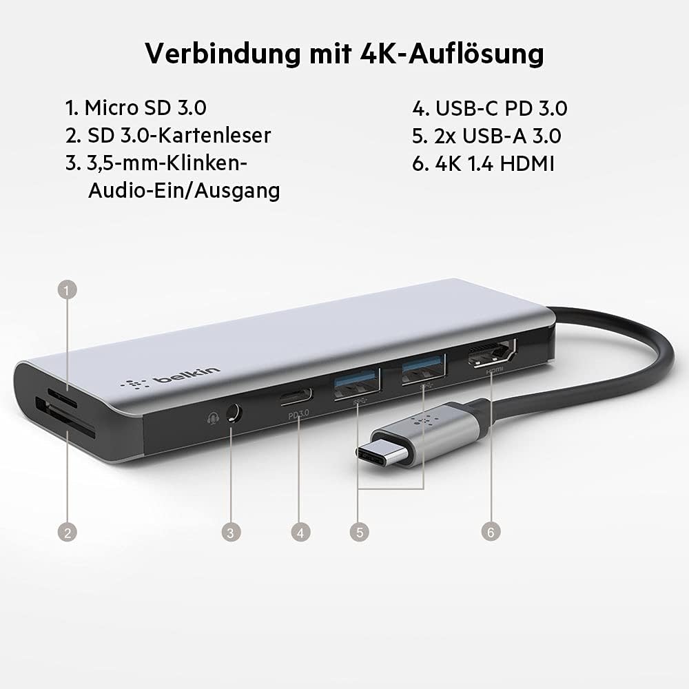Belkin 7-in-1-Multiport-USB-C-Hub (mit 4K HDMI, USB-C, 2x USB-A, 3,5-mm- Audioklinke, SD 3.0- und mi
