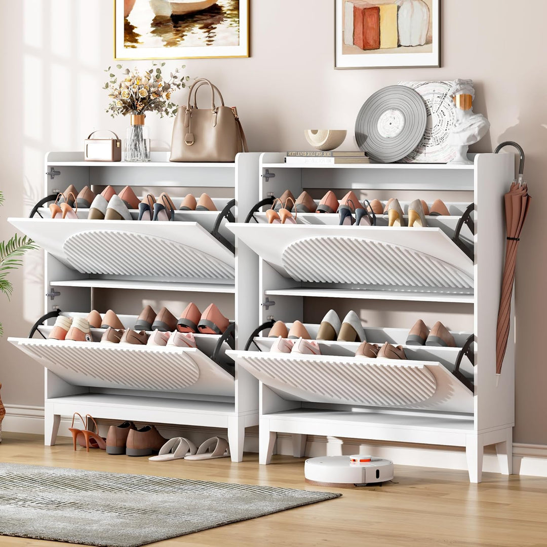 Vlsrka Geriffelte Schuhschrank Schmal Holz, Moderner Schuhkipper mit 2 Klappen, Schuhkipper schmal m