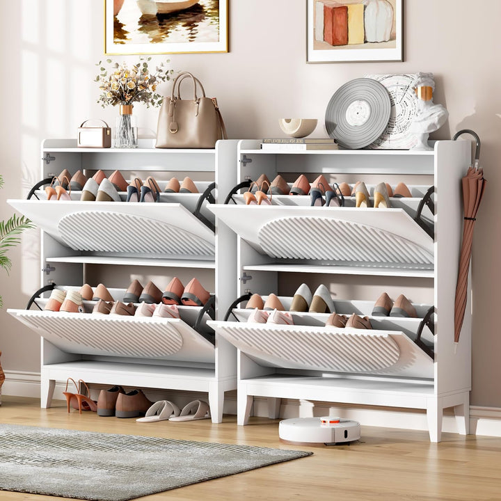 Vlsrka Geriffelte Schuhschrank Schmal Holz, Moderner Schuhkipper mit 2 Klappen, Schuhkipper schmal m
