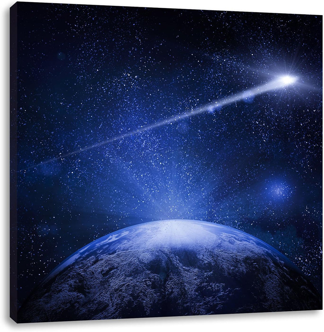 Pixxprint Sternschnuppe fliegt über den Planeten Erde, Format: 70x70 auf Leinwand, 70x70