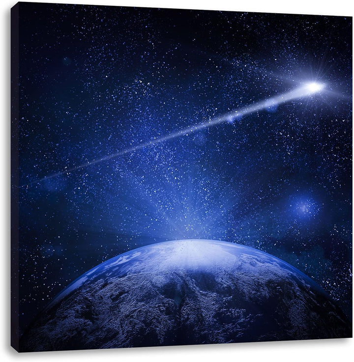 Pixxprint Sternschnuppe fliegt über den Planeten Erde, Format: 70x70 auf Leinwand, 70x70