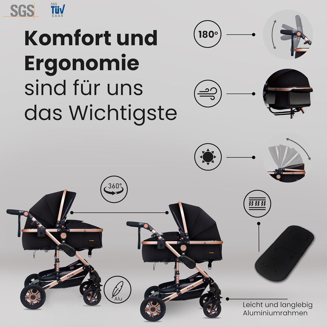 GaGaDumi Florida Kinderwagen 3 in 1 Komplettset mit Autositz - Baby Stroller TÜV - Kombikinderwagen