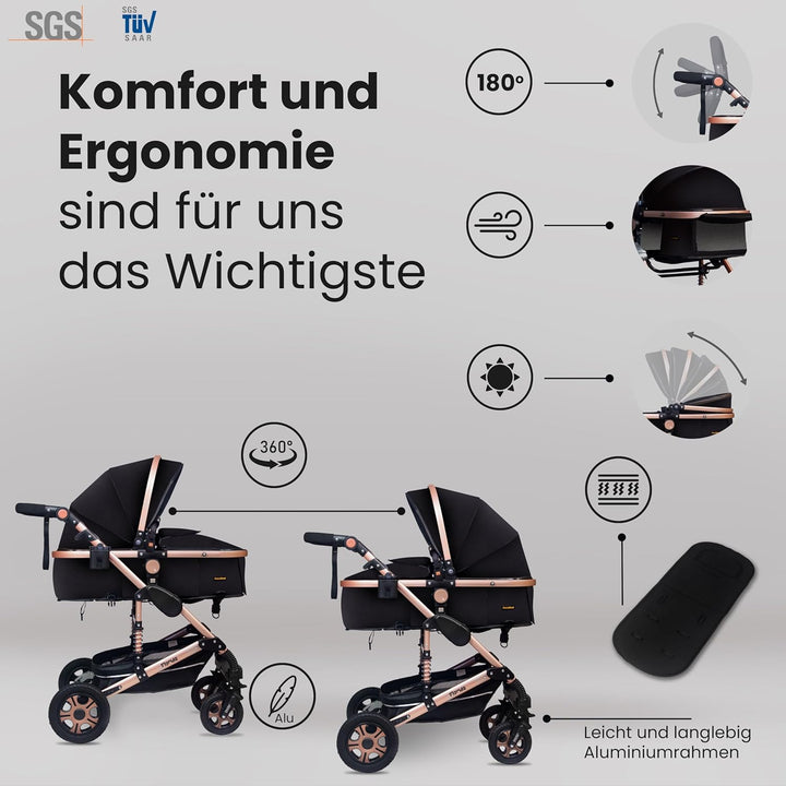 GaGaDumi Florida Kinderwagen 3 in 1 Komplettset mit Autositz - Baby Stroller TÜV - Kombikinderwagen