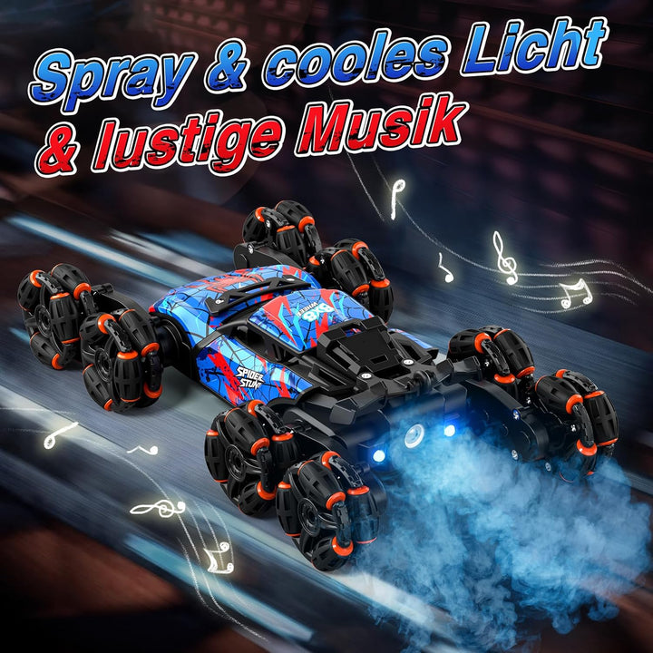 Ferngesteuertes Auto ab 6-12 Jahre,RC Drift Auto mit 360° drehbar,LED Leuchten,Musik und Spray, 8WD