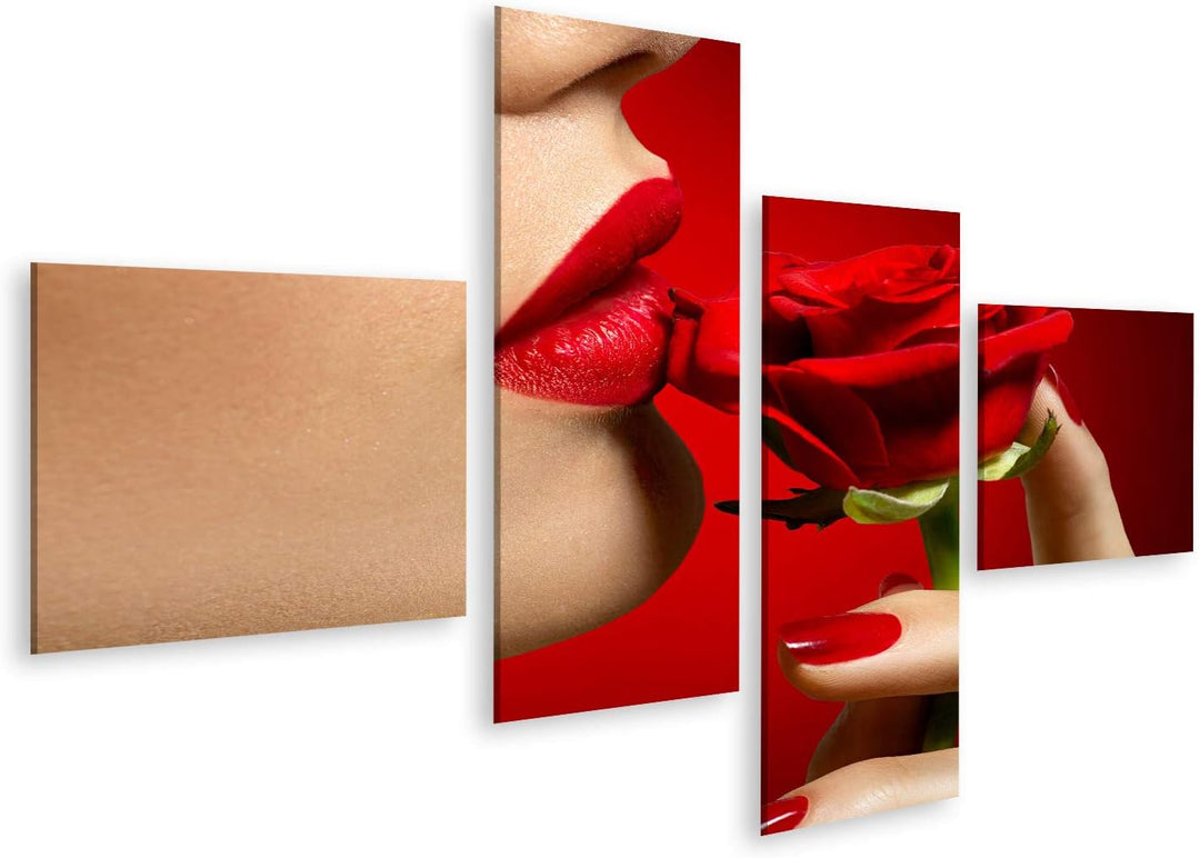 islandburner Bild auf Leinwand Schönes Model Frau Küsst Rote Rose Blume Sexy Lippen Bilder Wandbilde