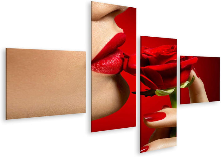 islandburner Bild auf Leinwand Schönes Model Frau Küsst Rote Rose Blume Sexy Lippen Bilder Wandbilde