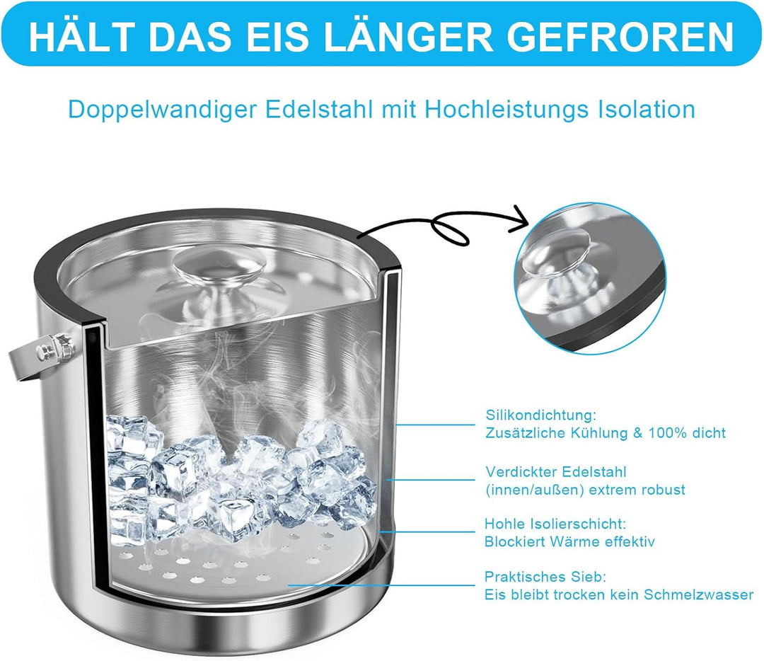 Edelstahl Eisbehälter 3L mit luftdichtem Deckel，Sieb und Eiszange，Eiswürfelbehälter doppelwandiger,