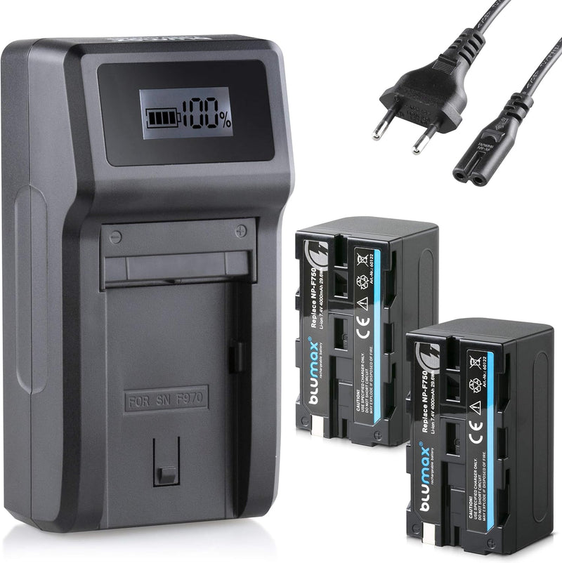 Blumax 2X Akku NP-F750 / NP-F550-4000mAh + Turbo-Ladegerät | kompatibel mit Sony NP-F970 NP-F960 NP-