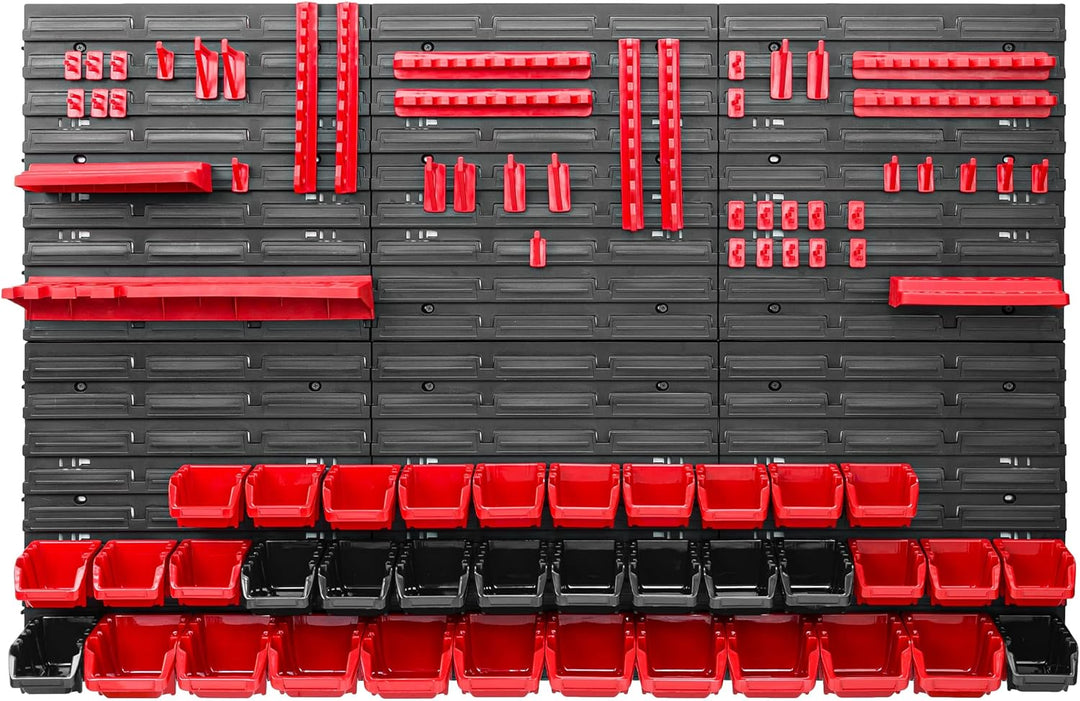 Lagersystem Werkstattregal | 117 x 78 cm | 34 stck. Box | Wandregal mit Werkzeughalterungen und Stap