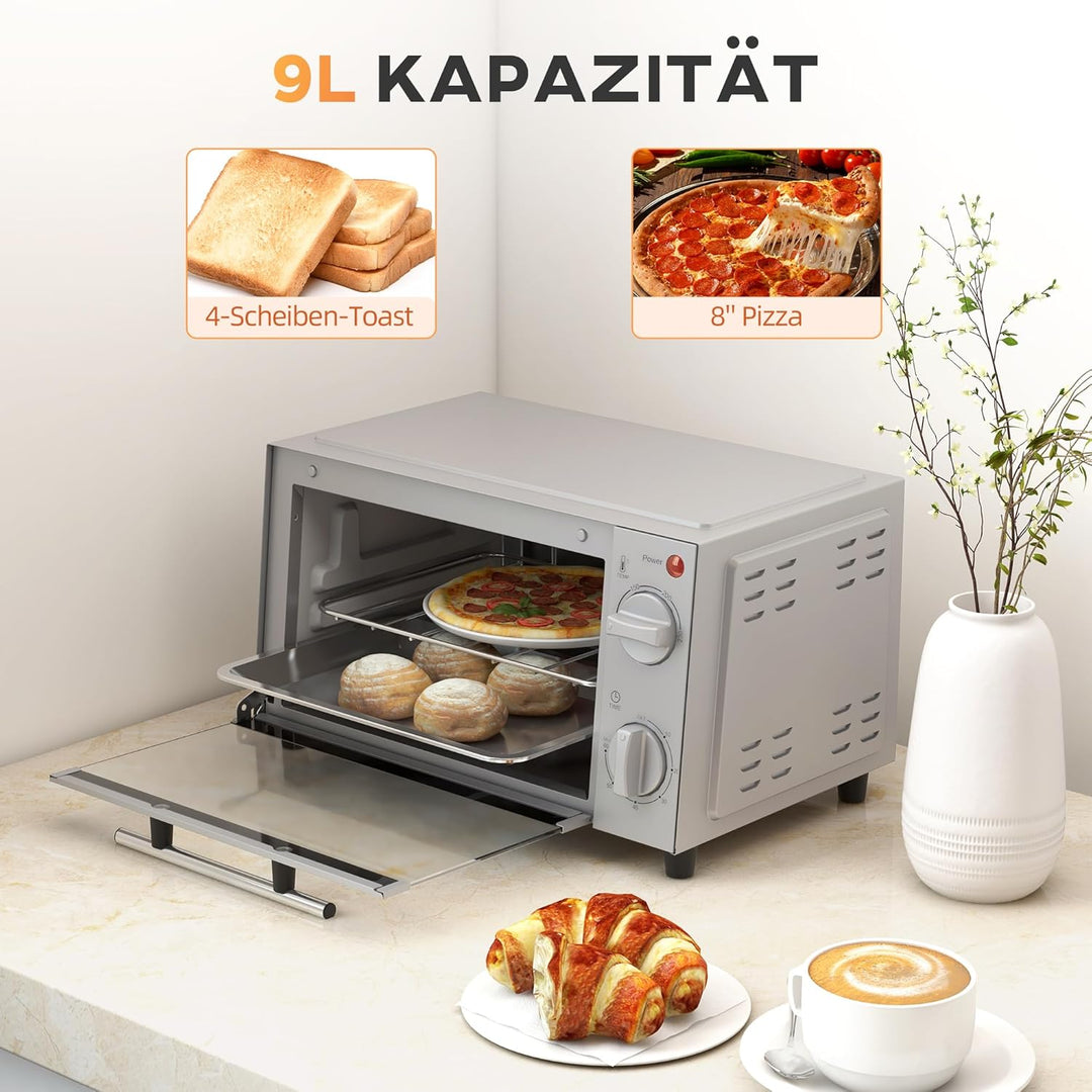 HOMCOM Mini Backofen 9 L 750W 100-230℃ 60 Min. Timer inkl. Backblech, Grillrost, Glas Fenster, Platz