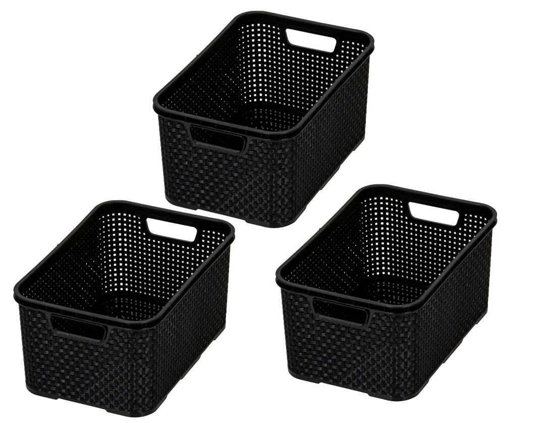 BranQ - Home essential Korb in Rattan Design 3er Set Grösse M 10 l, BPA-frei Kunststoff PP, Schwarz,