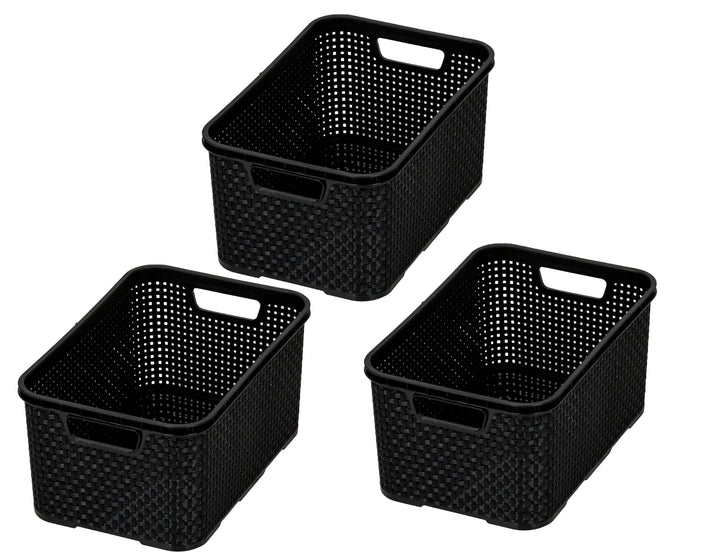 BranQ - Home essential Korb in Rattan Design 3er Set Grösse M 10 l, BPA-frei Kunststoff PP, Schwarz,