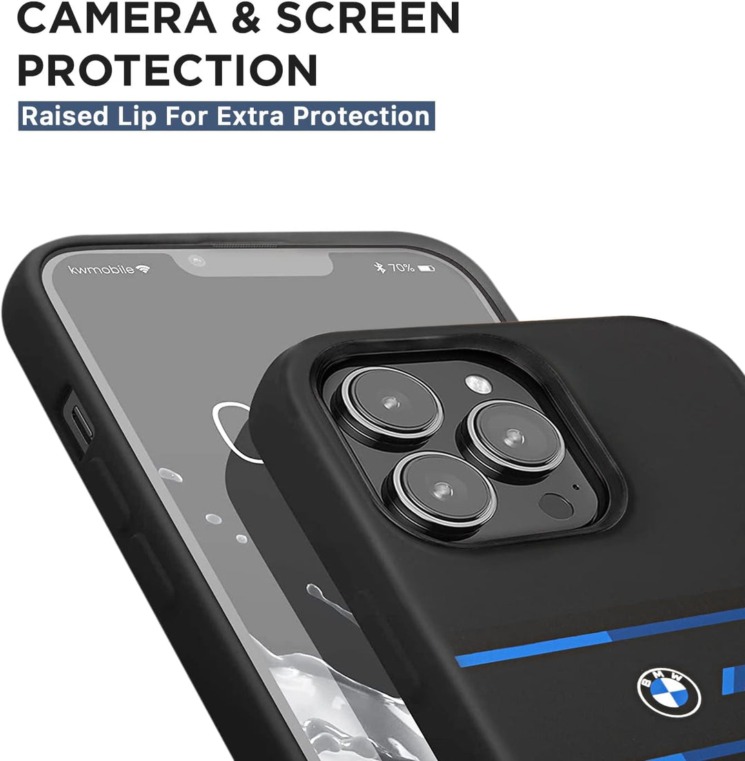 CG MOBILE BMW Schutzhülle für iPhone 14 Pro in Schwarz mit dreifarbigem Zwischenlogo, Silikon, glatt