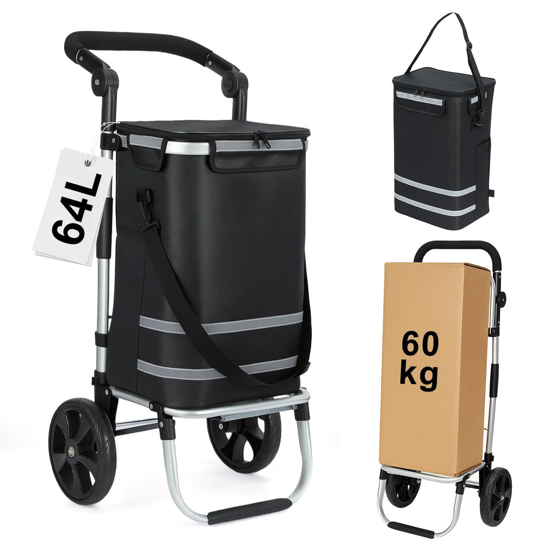 Einkaufstrolley 64 L, klappbarer Einkaufswagen mit Aluminiumrahmen, bis 60 kg Tragkraft, grosse Roll
