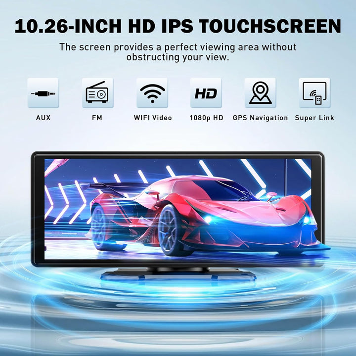10,26 Zoll CarPlay Display, Tragbarer Car Multimedia Player mit Apple CarPlay & Android Auto, Rückfa