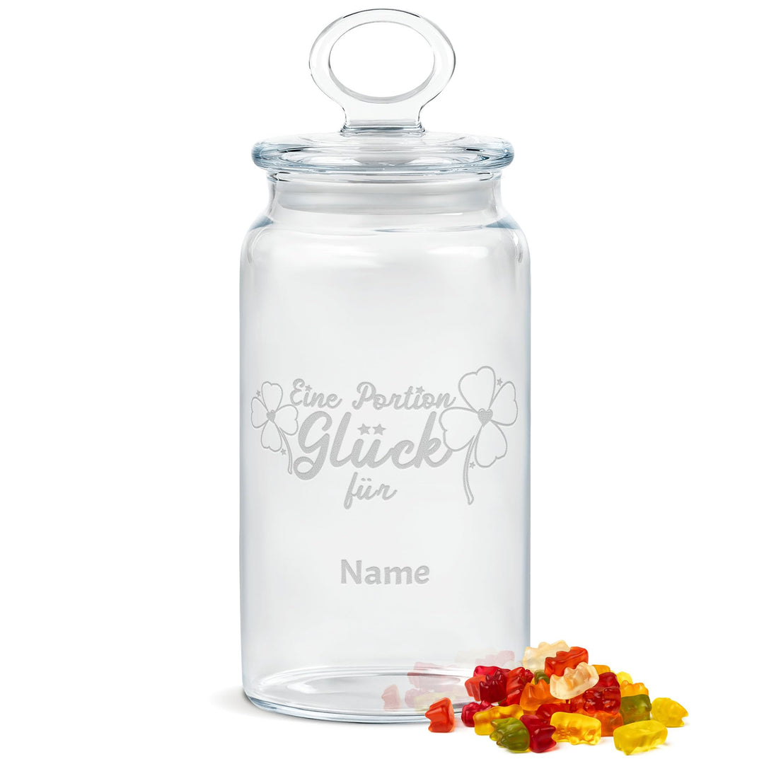 Print Royal PR Personalisierte Keksdose aus Glas mit Gravur - 1100 ml - Eine Portion Glück mit Name
