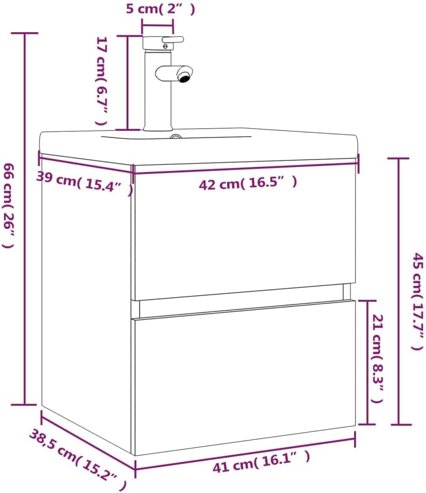 WIFESE Waschbeckenschrank mit Einbaubecken & Wasserhahn 42x39x18,5 cm mit Wasserhahn Räuchereiche Ho
