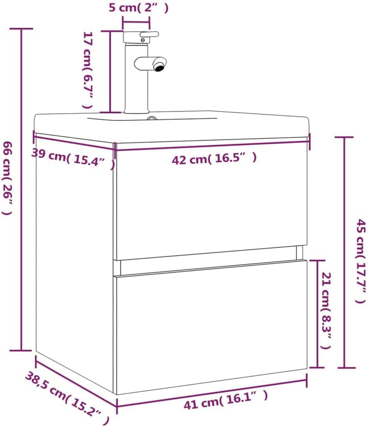 WIFESE Waschbeckenschrank mit Einbaubecken & Wasserhahn 42x39x18,5 cm mit Wasserhahn Räuchereiche Ho