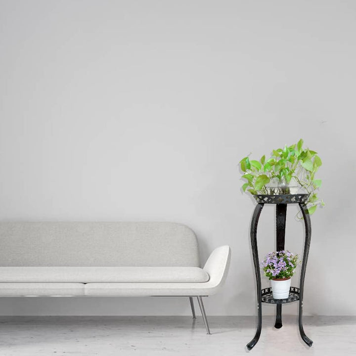 Cre Cra Pflanzenständer,2 Ebenen,für drinnen und draussen,Blumentopfhalter,Metall Blumenständer schw