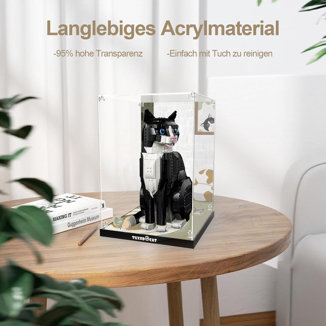 cooldac Acryl-Vitrine kompatibel mit Lego 21349 - Schwarz-weisse Katze, Staubdichte mit HD-animierte