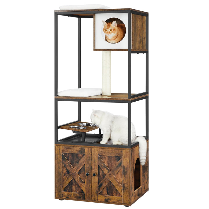 Feandrea Kratzbaum, Katzenbaum, Katzenhaus mit Katzenklo-Schrank, erhöhter Napfständer, Sisalstamm,