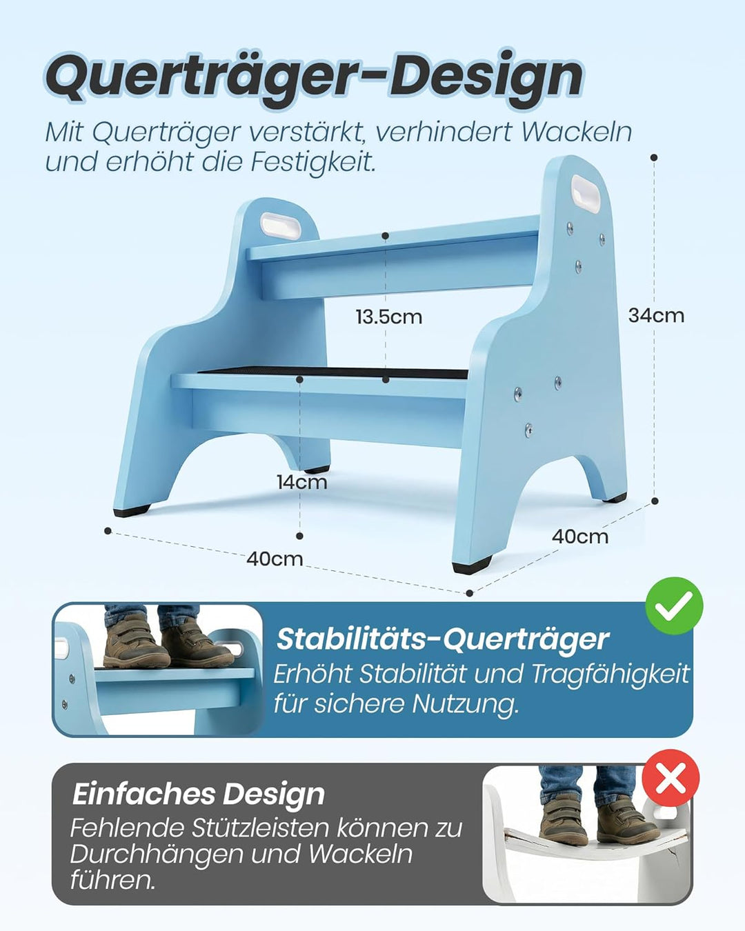 Tritthocker Kinder aus Holz – extra stabil & rutschfest, Anti-Rutsch Stufen, sichere Rundkanten, Fes