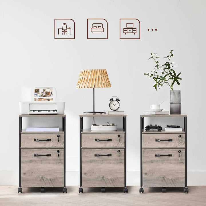 VASAGLE Hierarchivschränke, Büro-Schrank mit 2 abschliessbaren Schubladen, Rädern, offenem Regal, fü