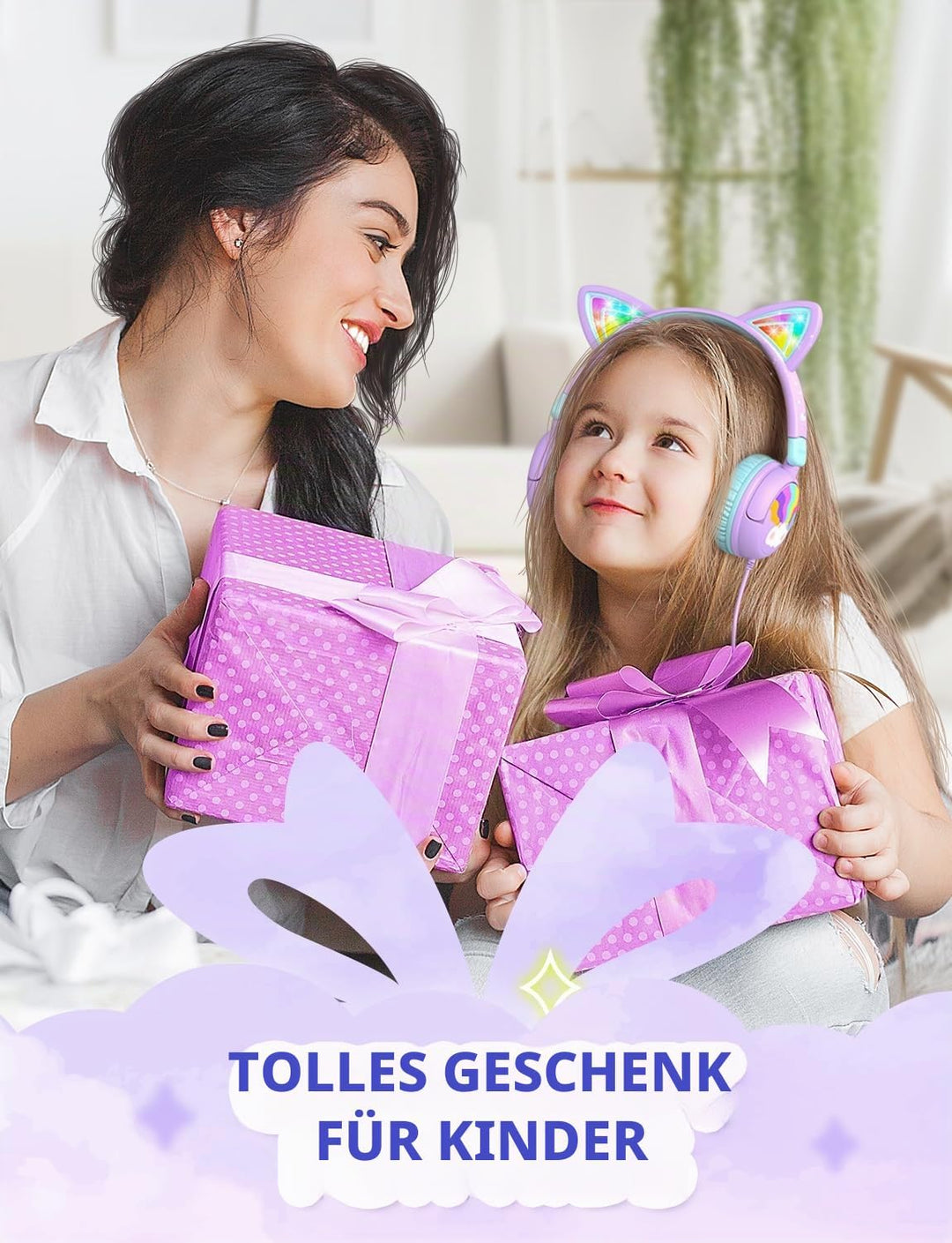 iClever USB Typ C Kinder Kopfhörer, LED Beleuchtetes Katzenohr, 85dBA Sichere Lautstärke, Stereo Sou