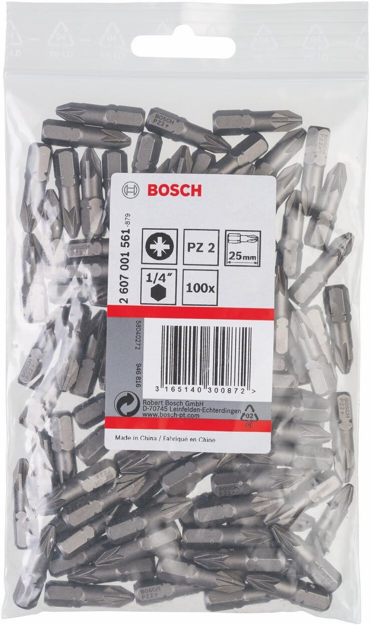 Bosch Professional Bit Extra-Hart für Pozidriv-Kreuzschlitzschrauben (PZ2, Länge: 25 mm, 100 Stück)