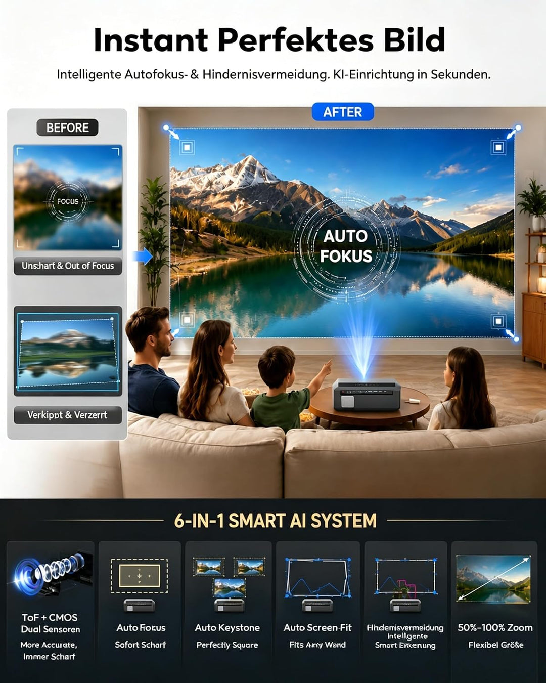 Beamer 4K Heimkino 2300 ANSI Tageslicht Beamer mit WiFi6, Bluetooth5.2, Autofokus Full HD LED Smart
