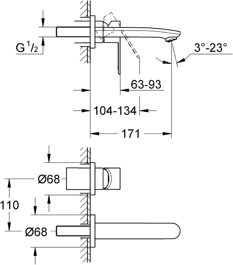 Grohe 19571002 Eurostyle Cosmopolitan, Badarmatur-2-Loch-Waschtischbatterie, Ausladung 171 mm, chrom