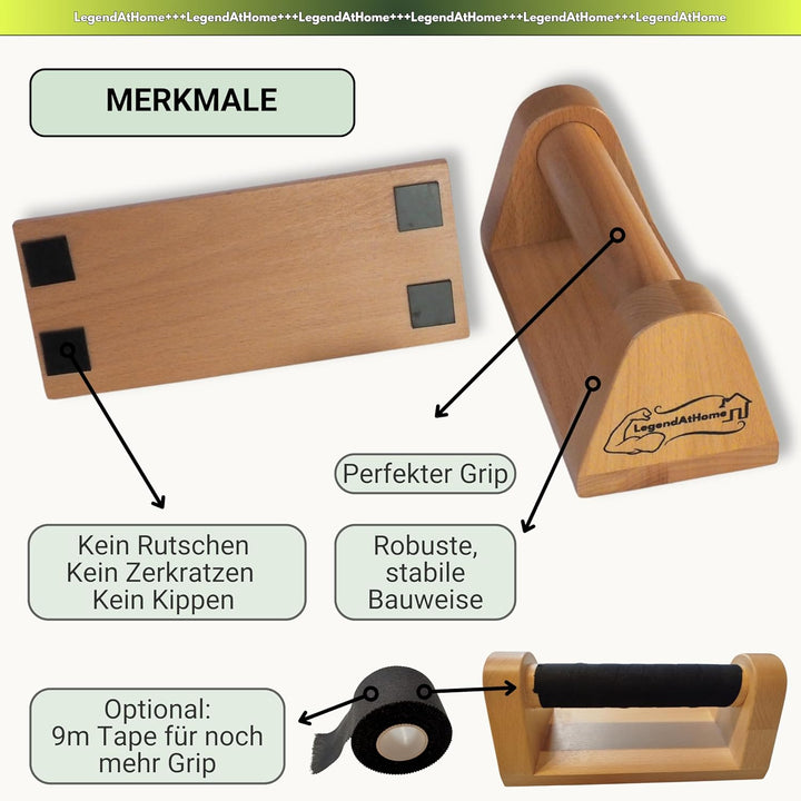 Liegestützgriffe [2er-Set] aus Buchenholz – stabile & gelenkschonende Parallettes für Push Ups, Cali