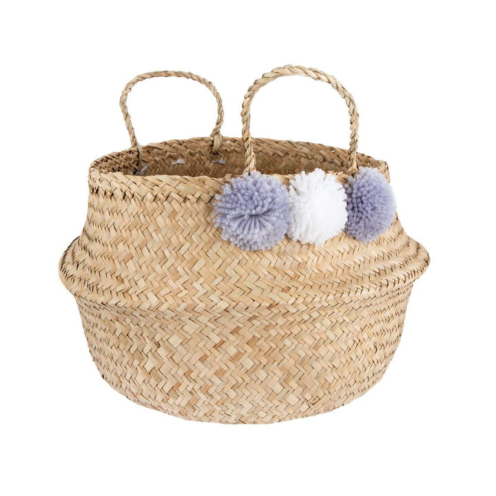 Sass & Belle Aufbeahrungskorb Bast mit Bommeln Flieder Natur BASK007 Boho ca L30 x H30 cm Basket Sto