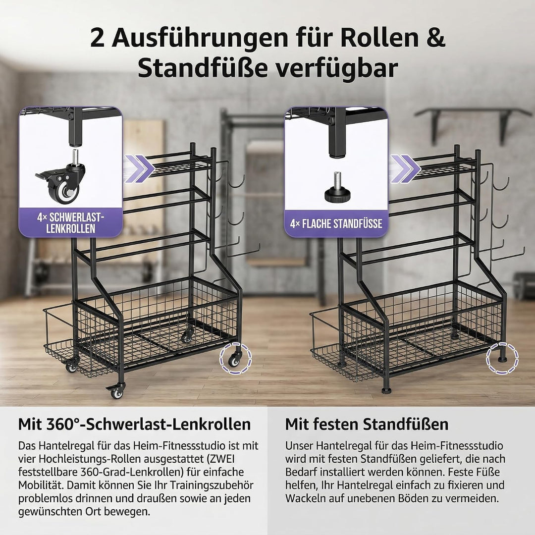 Hantelständer &amp; Gewichtsablage für Home Gym, All-in-One Fitness Aufbewahrung mit Rollen &amp; Haken für