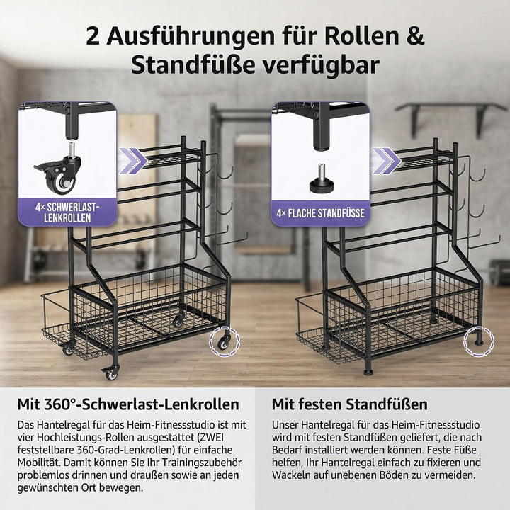 Hantelständer &amp; Gewichtsablage für Home Gym, All-in-One Fitness Aufbewahrung mit Rollen &amp; Haken für