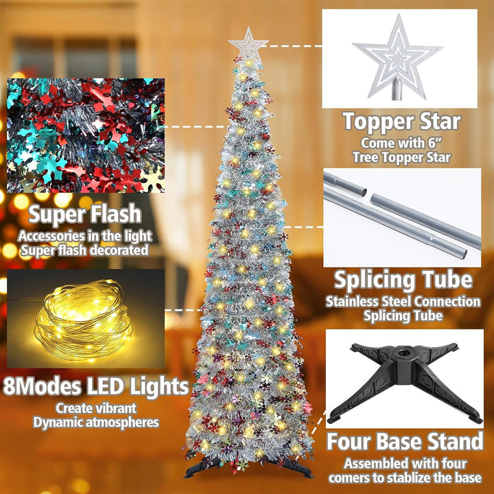 HMASYO 180 cm Pop-Up Lametta Weihnachtsbaum mit 100 Timer-Lichter und Fernbedienung, Zusammenklappba