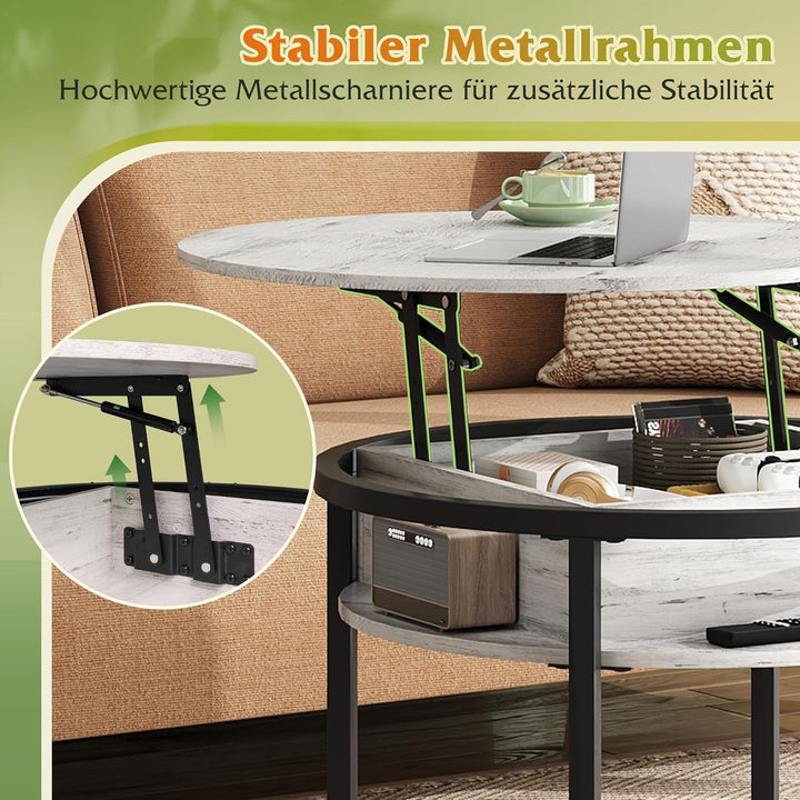 WLIVE Couchtisch Rund mit Hebeplatte, Wohnzimmertisch Höhenverstellbar mit Stauraum, 60 x 60 x 50 cm