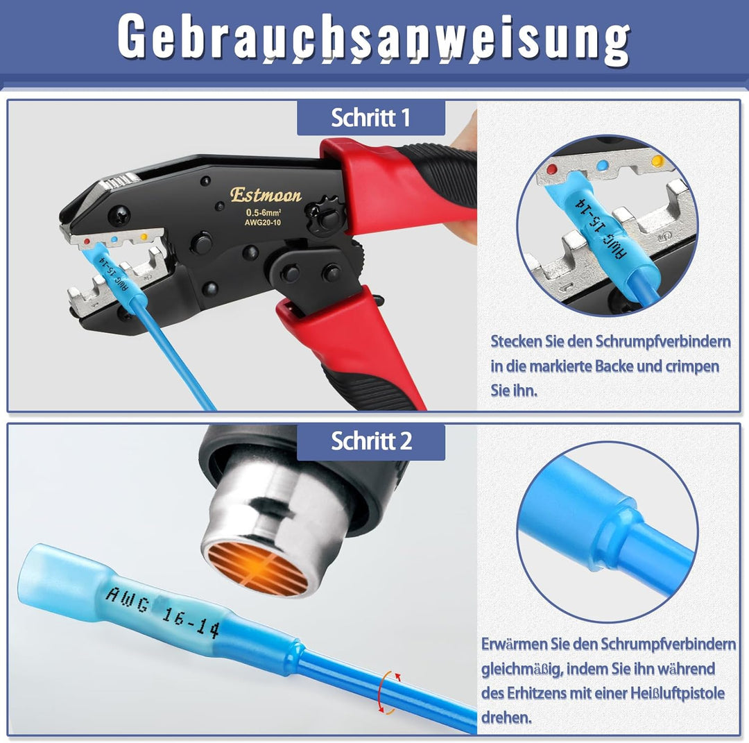 Crimpzange für Schrumpfverbinder, Estmoon Crimpzange Kabelschuhe Kabelschuhzange mit 210 Stück Schru