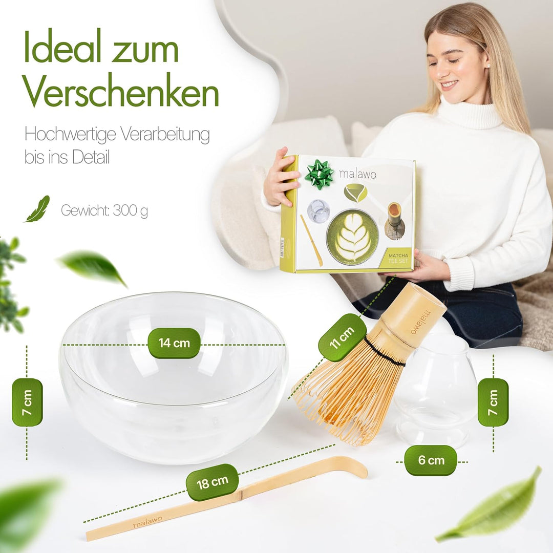Premium Matcha Set 4-teilig Doppelwandige Glasschale [500ml] Matcha Zubereitung Traditionelles Zubeh