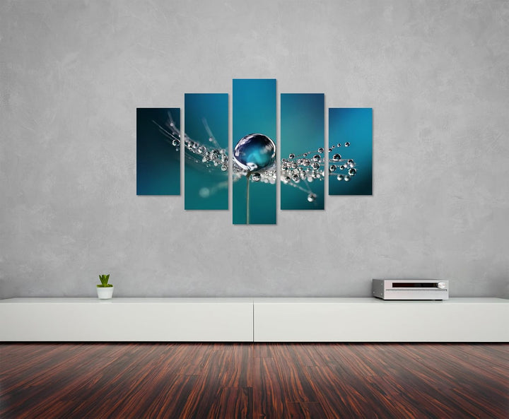 Wandbild 5 teilig Breite 150cm x Höhe 100cm Naturfotografie – Pusteblumen mit Morgentau auf Leinwand