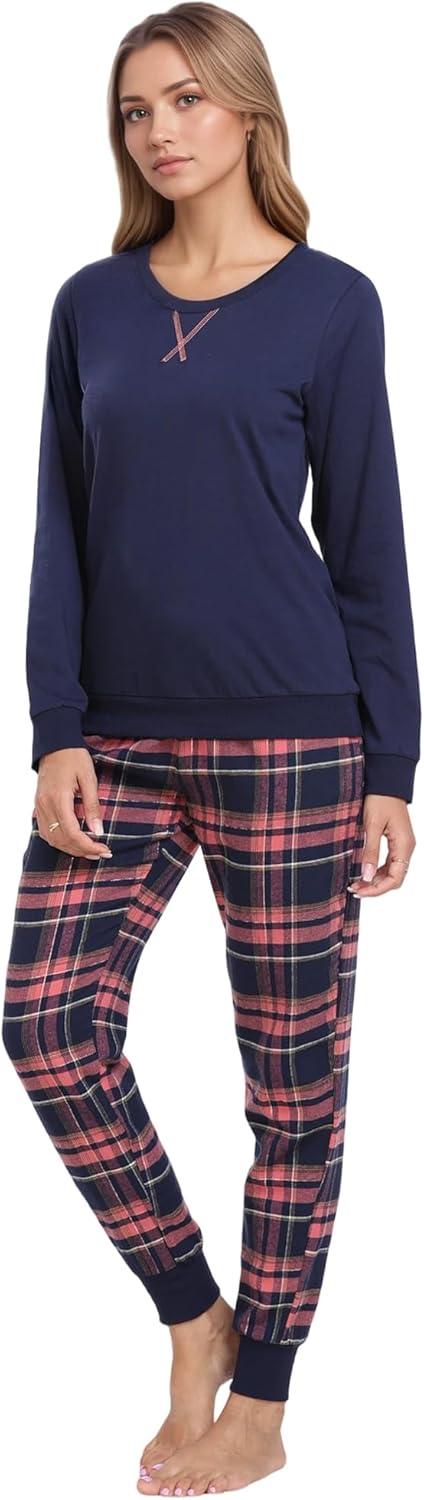 Mnemo Schlafanzug Damen 100% Baumwolle Bequemer Pyjama Damen Baumwolle mit Karomuster S Blaues Pulve