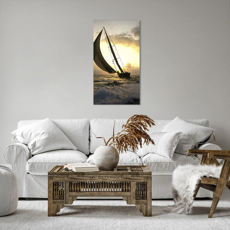 Bilder auf Leinwand 55x100cm Leinwandbild mit Rahmen Schiff Sonnenuntergang Sonne Landschaft Gross W