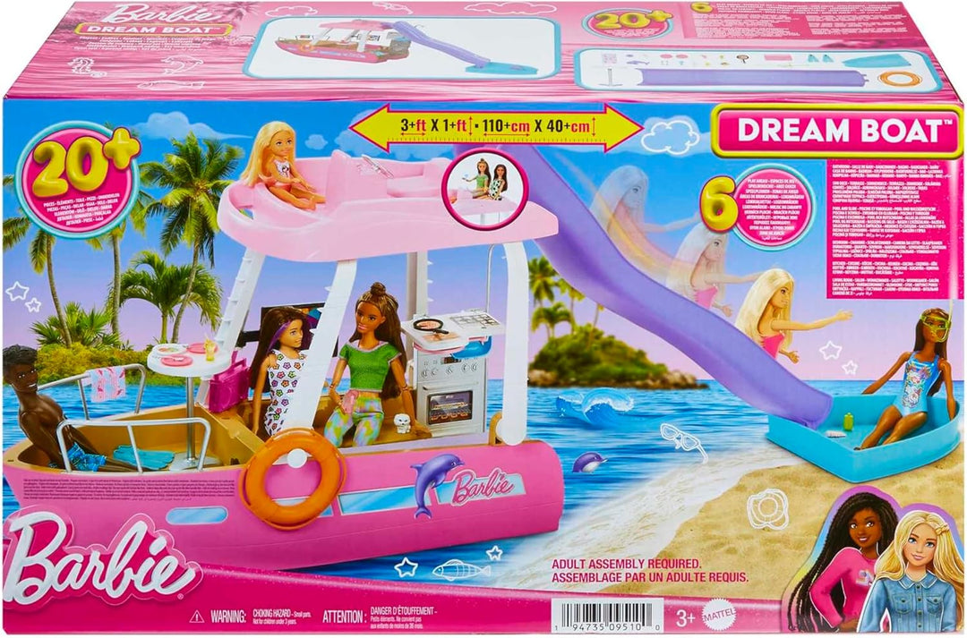 Barbie Traumboot Spielset, Rutsche und Schwimmzeug, 20+ Barbie-Zubehörteile, ohne Barbie-Puppe, als