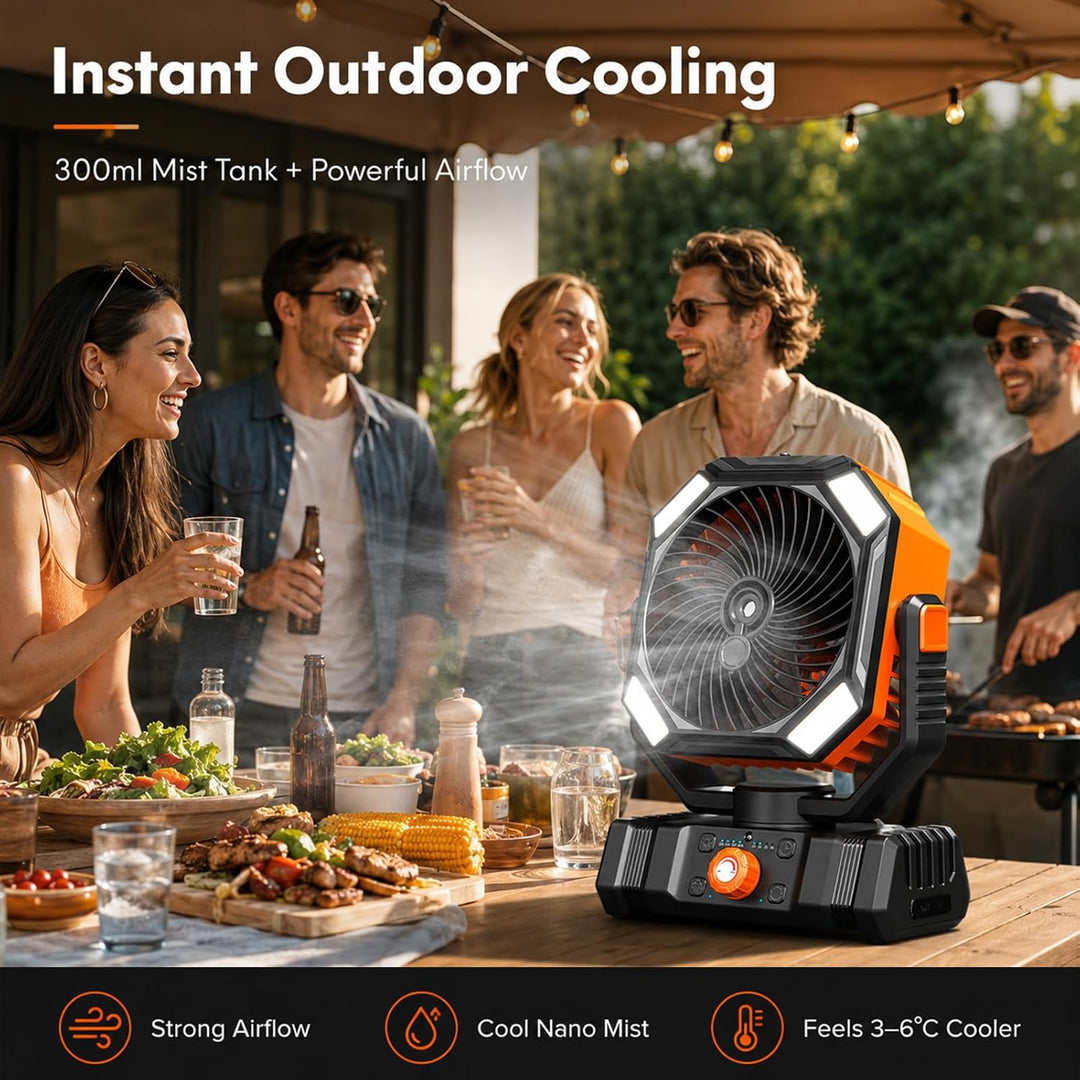 Camping Ventilator mit LED Laterne, 10000mAh Akku Outdoor Ventilator mit Sprühfunktion, Tragbarer Ve