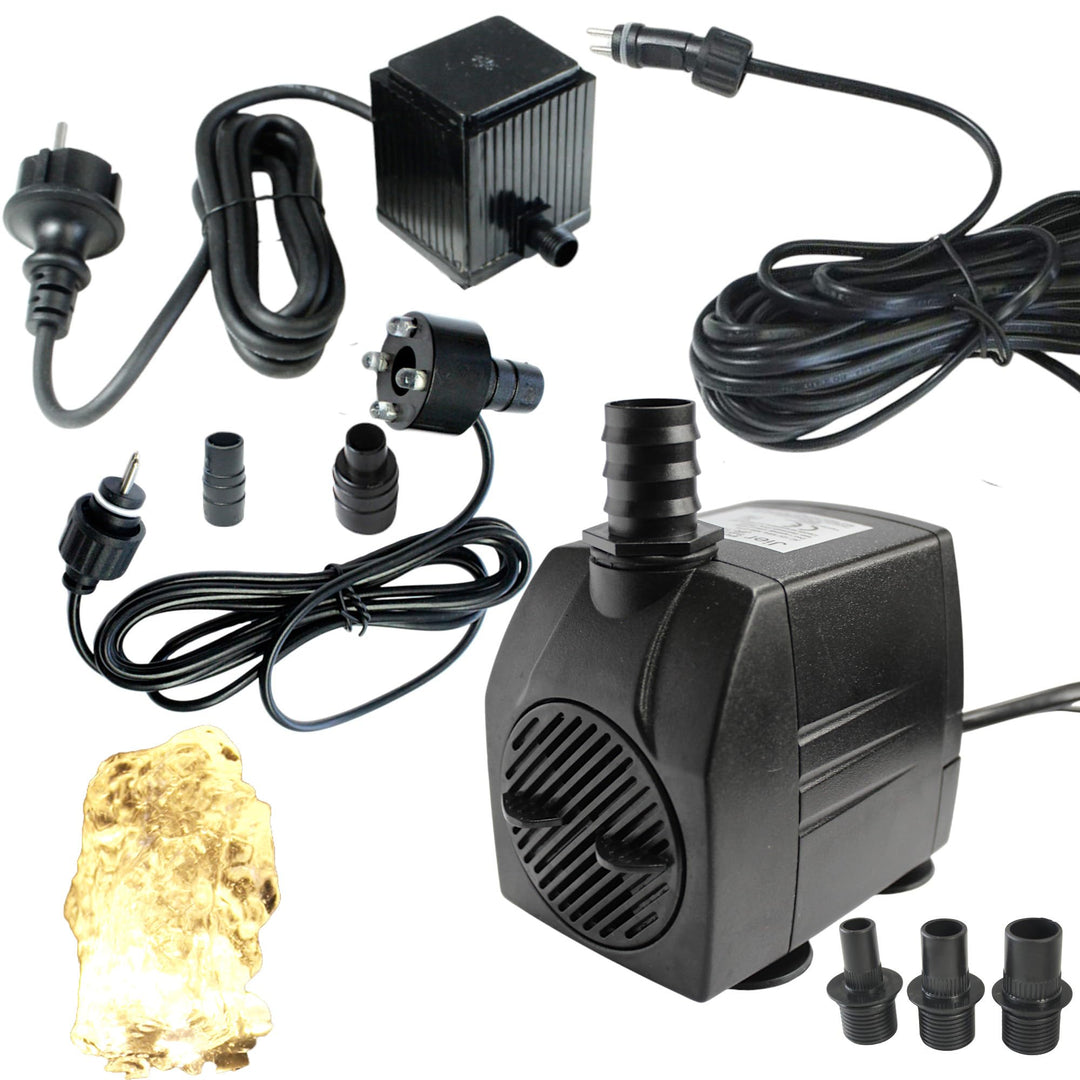 Arnusa Springbrunnenpumpe mit 1x LED Quellsteinbeleuchtung warmweiss Spot Teichpumpe Wasserpumpe Bac