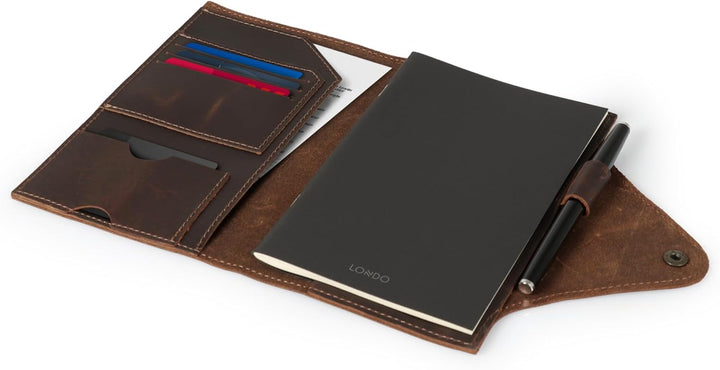 Londo Echtleder Schreibmappe Konferenzmappe mit Notizblock Notizblock und Schloss Braun M, Braun M