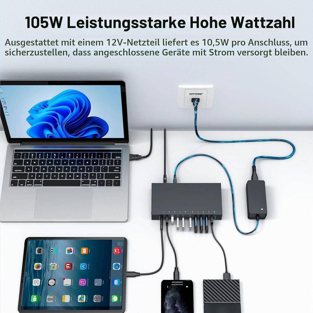 Industrial USB 3.0 Hubs 10 Port 105W Leistung 5Gbps 2.1A Stromversorgung Kompatibel mit Industriekom