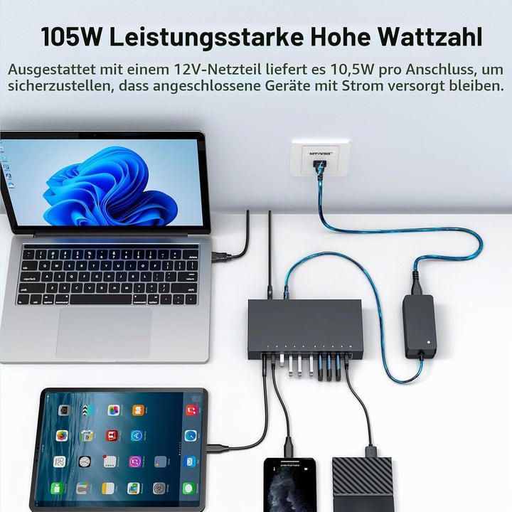 Industrial USB 3.0 Hubs 10 Port 105W Leistung 5Gbps 2.1A Stromversorgung Kompatibel mit Industriekom