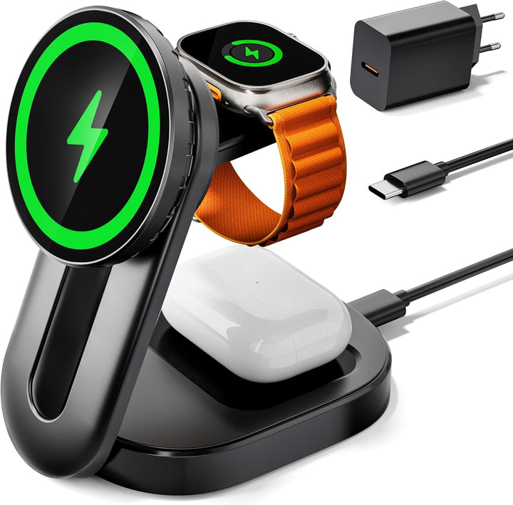 KPON Magsafe Ladestation 3-in-1 Faltbar,15w Magsafe Ladegerät für Apple,Tragbare Schnellladestation