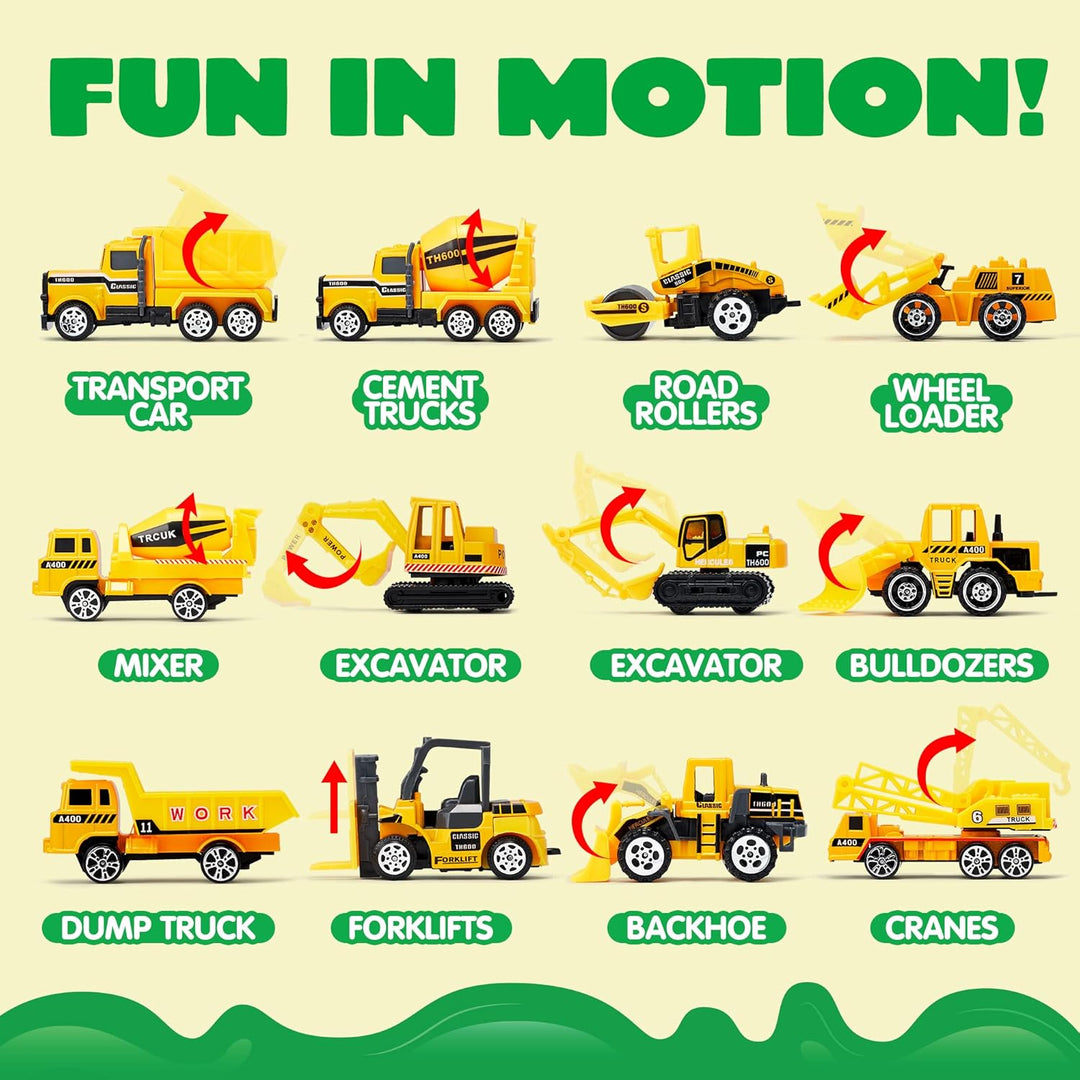 JOYIN 25-in-1-Spielzeugset aus Druckguss-Baufahrzeugen (einschliesslich Transporter, Bagger, Kipper,